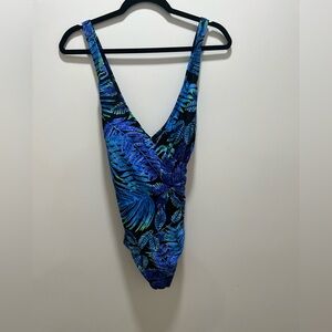 Speedo Tropical one piece swim bathing suit Lycra blue black green size 18 New